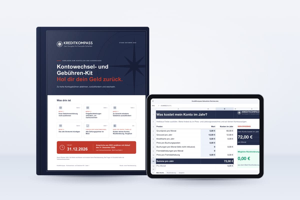 Kontowechsel- und Gebühren-Kit als Ordner, Tablet oder Laptop