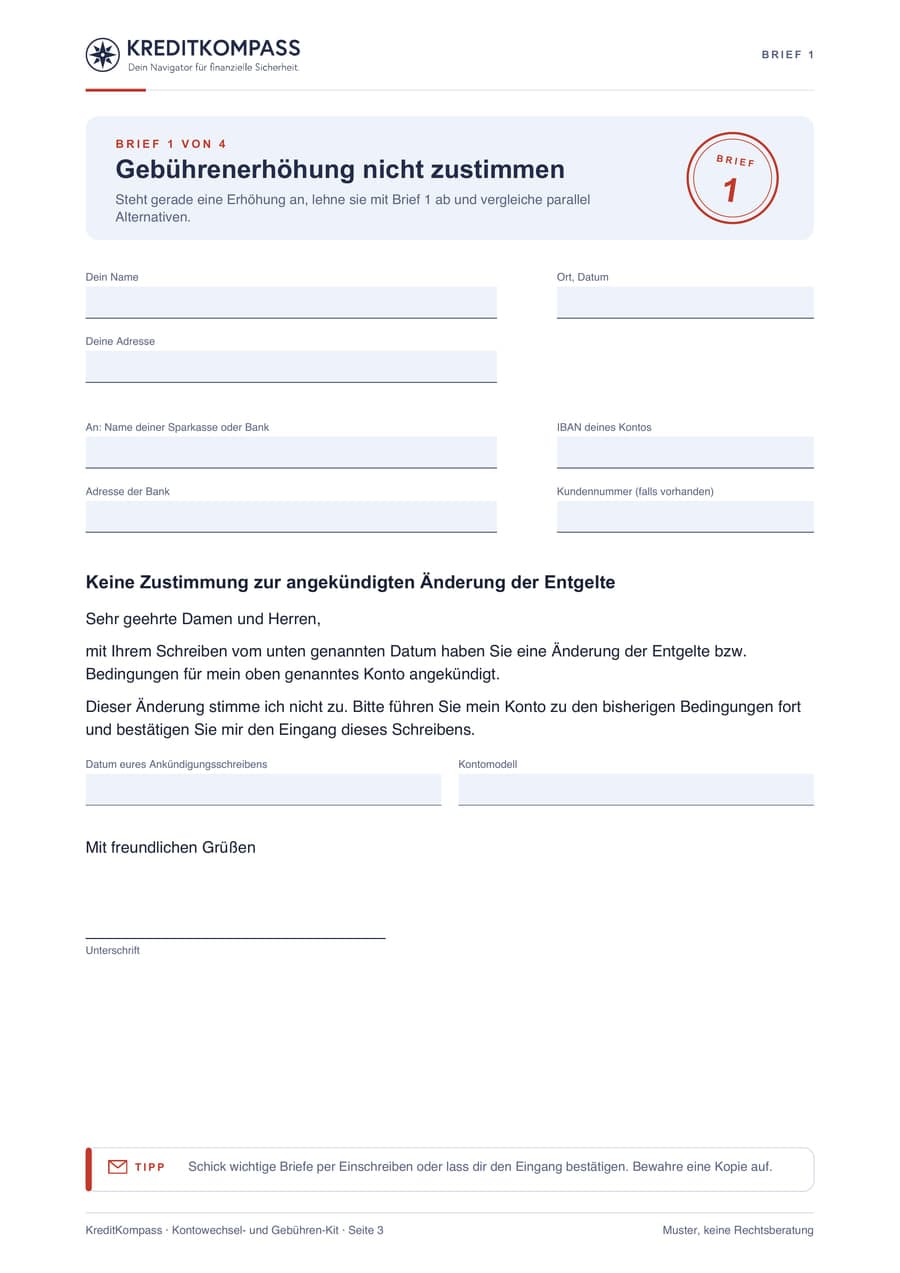 Seite 3 des Gebühren-Kits, Brief 1 Gebührenerhöhung nicht zustimmen, mit Feldern für Absender, Bank, IBAN und fertigem Brieftext