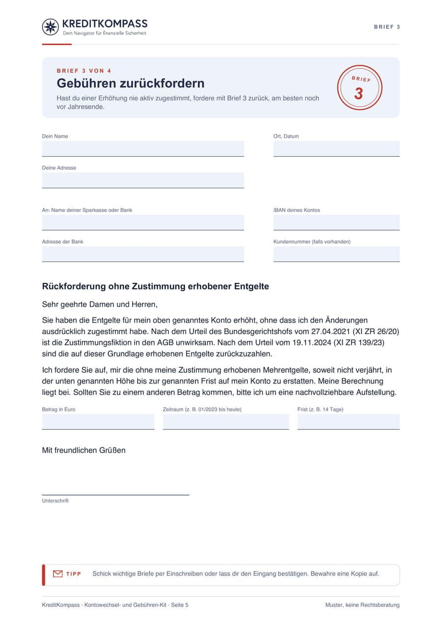 Seite 5 des Gebühren-Kits, Brief 3 Gebühren zurückfordern, mit Feldern für Absender, Bank, Betrag und Zeitraum sowie fertigem Brieftext