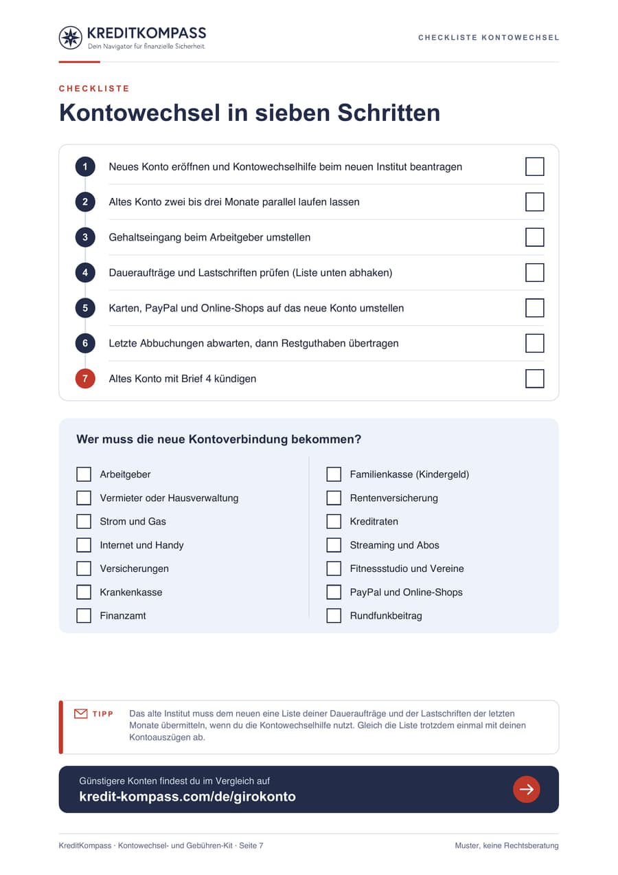 Seite 7 des Gebühren-Kits mit der Checkliste Kontowechsel in sieben Schritten und einer Liste, wer die neue Kontoverbindung bekommen muss
