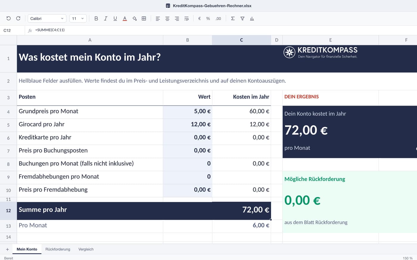 Blatt Mein Konto des Gebühren-Rechners mit hellblauen Eingabefeldern für Grundpreis, Karten, Buchungen und Fremdabhebungen und der Summe der Kontokosten pro Jahr und Monat