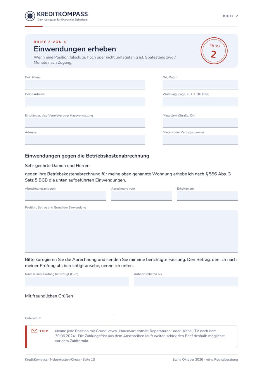 Seite 13 des Nebenkosten-Checks, Brief 2 Einwendungen erheben, mit Feldern für Absender, Vermieter, Zeitraum, die beanstandeten Positionen und fertigem Brieftext