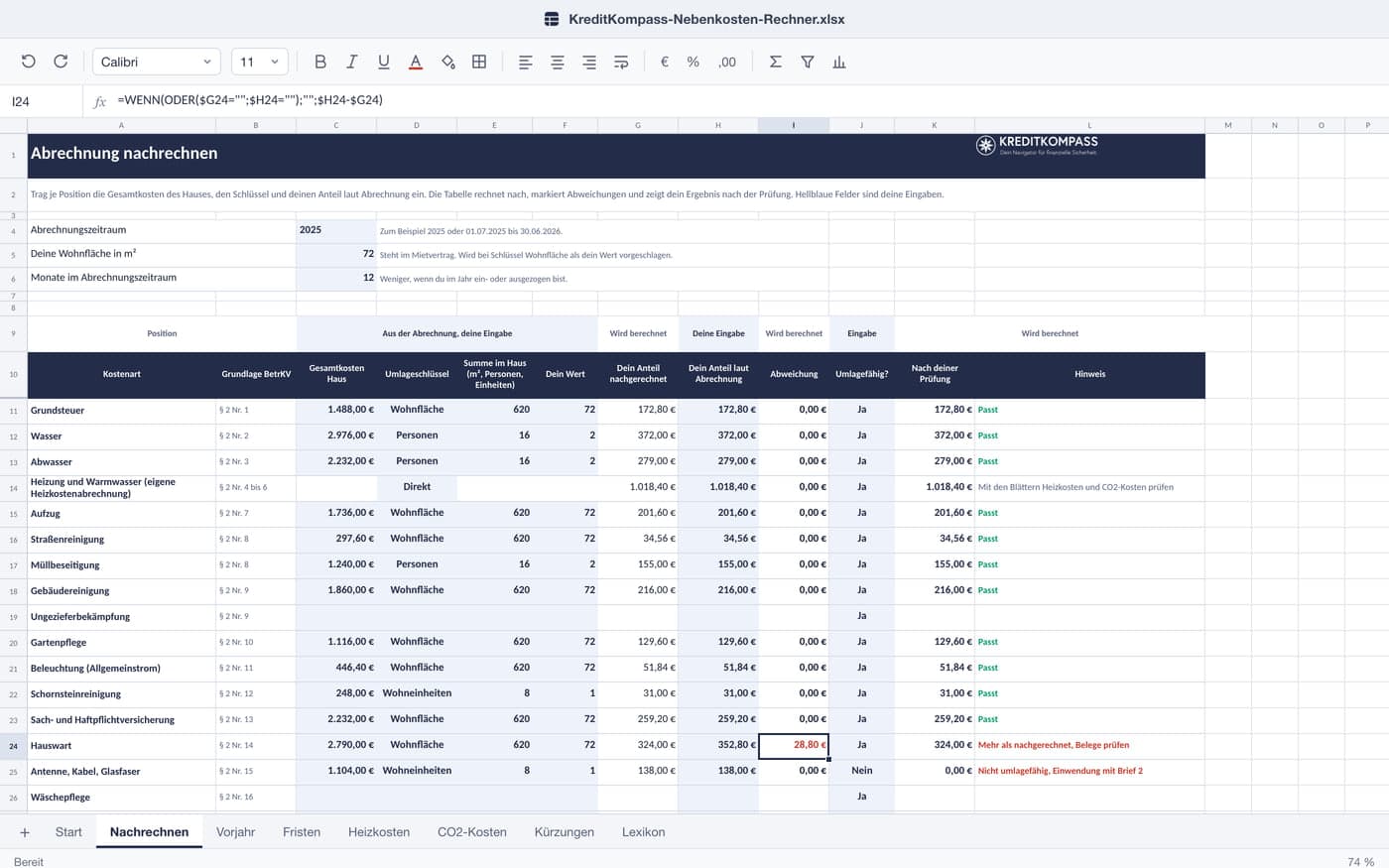 Blatt Nachrechnen im Nebenkosten-Rechner mit einer Beispielabrechnung, je Kostenart Gesamtkosten, Umlageschlüssel, nachgerechnetem Anteil, Abweichung und Hinweis, etwa beim Hauswart und bei Kabel-TV