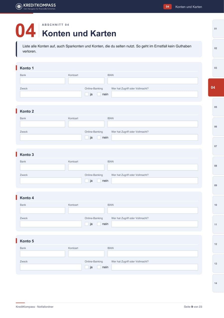 Seite 9 des Notfallordners, Abschnitt Konten und Karten mit fünf Kontoblöcken für Bank, Kontoart, IBAN, Zugriff und Online-Banking